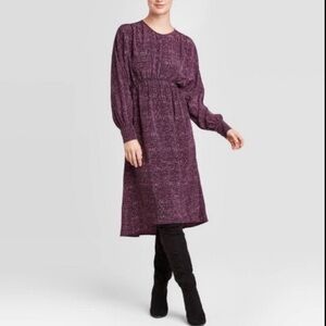 NWT Prologue dress Plum Purple Print Midi Length long sleeve cuffed Womens Sz L